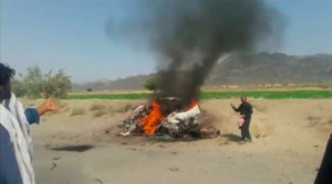 A car is seen on fire at the site of a drone strike believed to have killed Afghan Taliban leader Mullah Akhtar in southwest Pakistan in this still image taken from video, May 21, 2016. REUTERS/via REUTERS TV     TPX IMAGES OF THE DAY