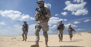 United States paratroopers airborne infantrymen in action in the desert