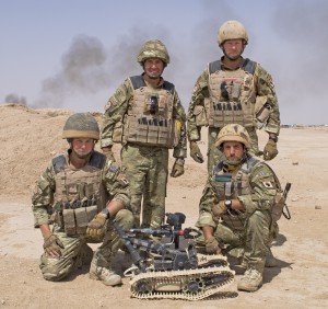 The Royal Navy Counter-IED Team, part of the Counter IED Taskforce, have swapped their wetsuits and breathing apparatus for MTP and Osprey body armour.  Since their tour started in March they have served all over Helmand Province. Image Shows:  From left to right AB(DIver) Ian Rowe, PO(Diver) Ward Peers, Leading DIver Ian Jackson, AB (Diver) Phil Brierley Credit to read: Lt Nick Southall RN